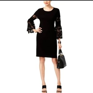 Alfani Lace Sleeve Pullover Midi Dress Size 8 Women's Black Stretch A-Line NWOT